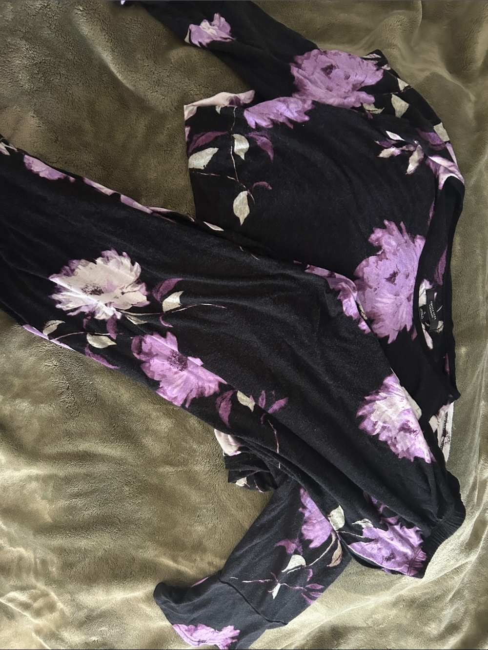 Simply Vera Vera Wang Black Jumpsuit with Purple Floral Print showing wear
